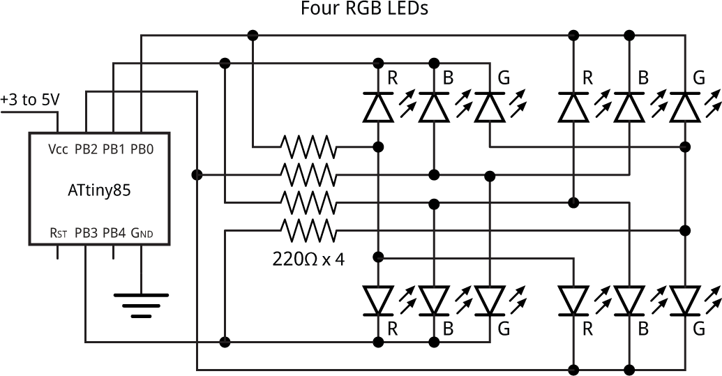 Technoblogy - Four RGB LEDs from an ATtiny85